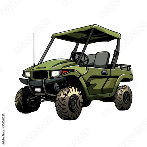 A whimsical cartoon utility vehicle (UTV) design on a clear, transparent background, featuring vibrant outdoor adventure elements.