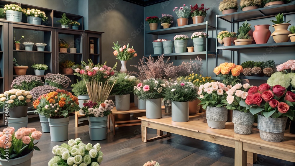 Fototapeta premium Indoor Flower Shop with Flowers and Decorations. Perfect for: Tourism expos, Hotel industry events