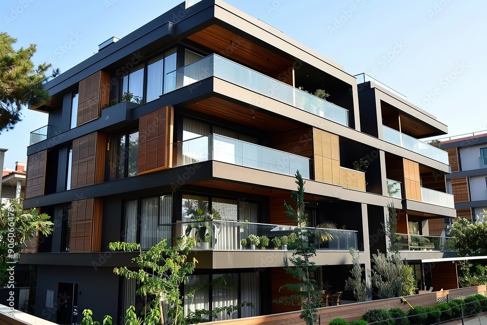 A three-story apartment building with wooden accents, featuring large balconies and glass A three-story apartment building with wooden accents, featuring large balconies and glass