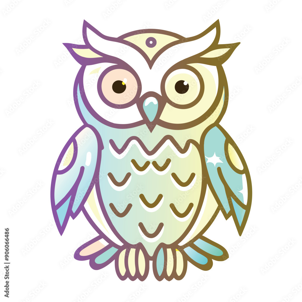 Fototapeta premium Cartoon Owl with Rainbow Feathers and Big Eyes