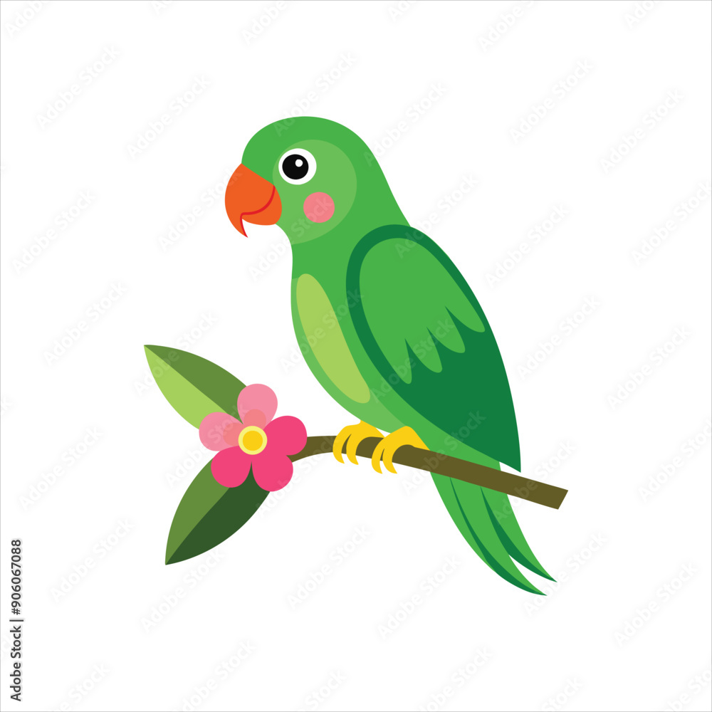 Fototapeta premium Green vector Parrot Sitting On Branch With Flower art vector