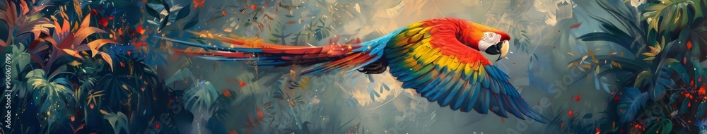 Obraz premium Abstract Macaw Parrot in Flight through a Tropical Jungle, an Artistic Oil Painting Illustration of Avian Freedom and Exuberance.