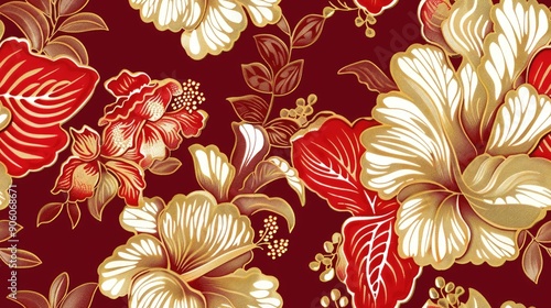 Obraz na płótnie Seamless batik pattern with hibiscus floral vector Illustration. Pattern background. Ethnic vibe.