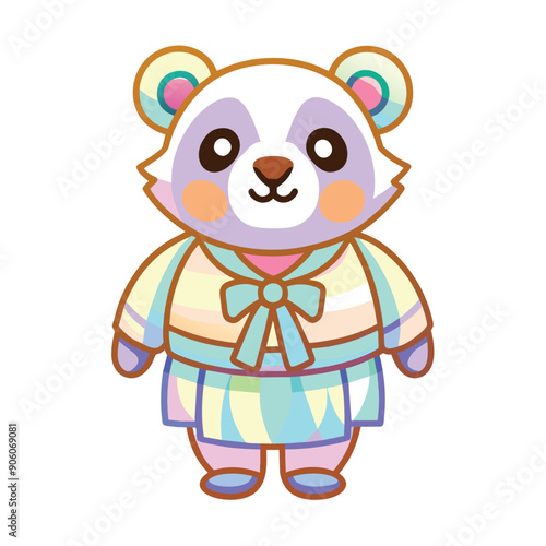 Cartoon Panda Wearing Pastel-Colored Dress and Bow
