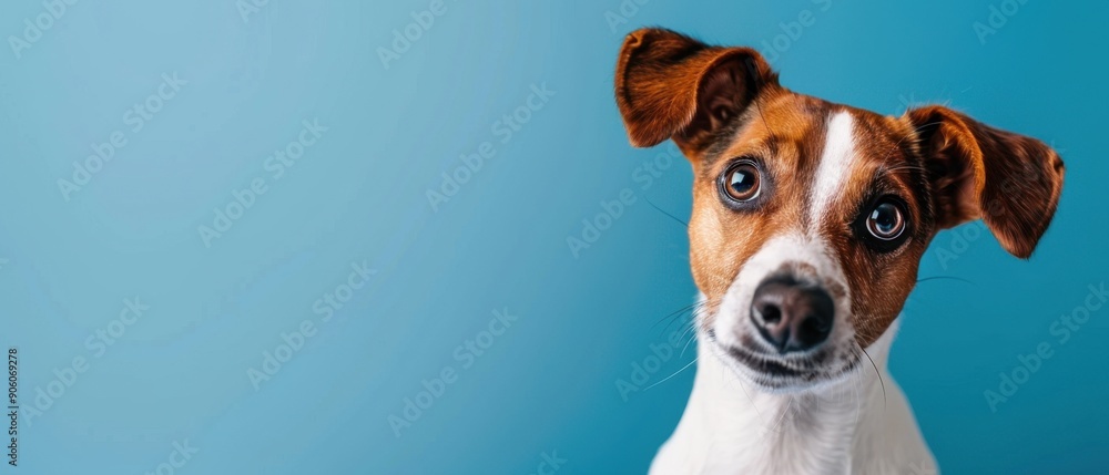 Cute dog with brown and white fur looks curiously at the camera against a blue background, showcasing its expressive eyes and folded ears. Cute dog with brown and white fur looks curiously at the camera against a blue background, showcasing its expressive eyes and folded ears.
