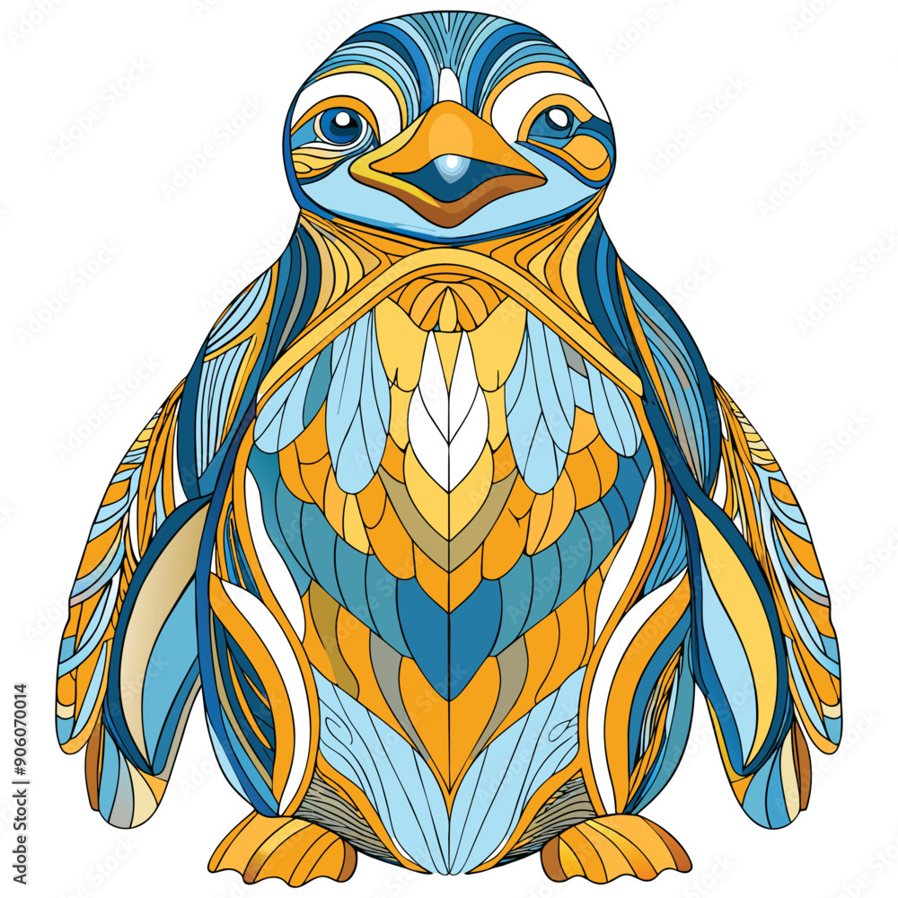 Fototapeta premium Ornate Patterned Penguin with Yellow and Blue Feathers