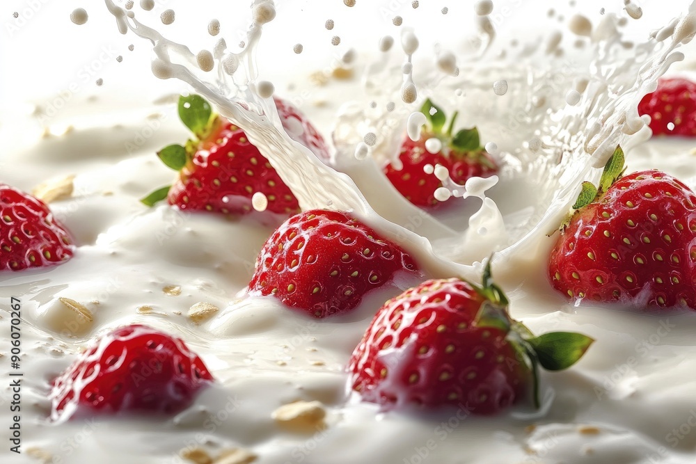 Fresh strawberries splashing into creamy milk or yoghurt, cut out, ai Fresh strawberries splashing into creamy milk or yoghurt, cut out, ai