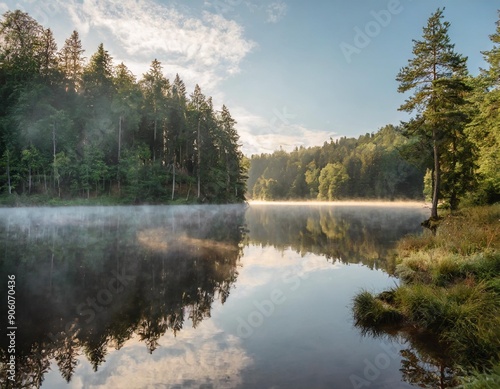 Cold summer morning in the forest with lake, forest reflection and mist on the water surface