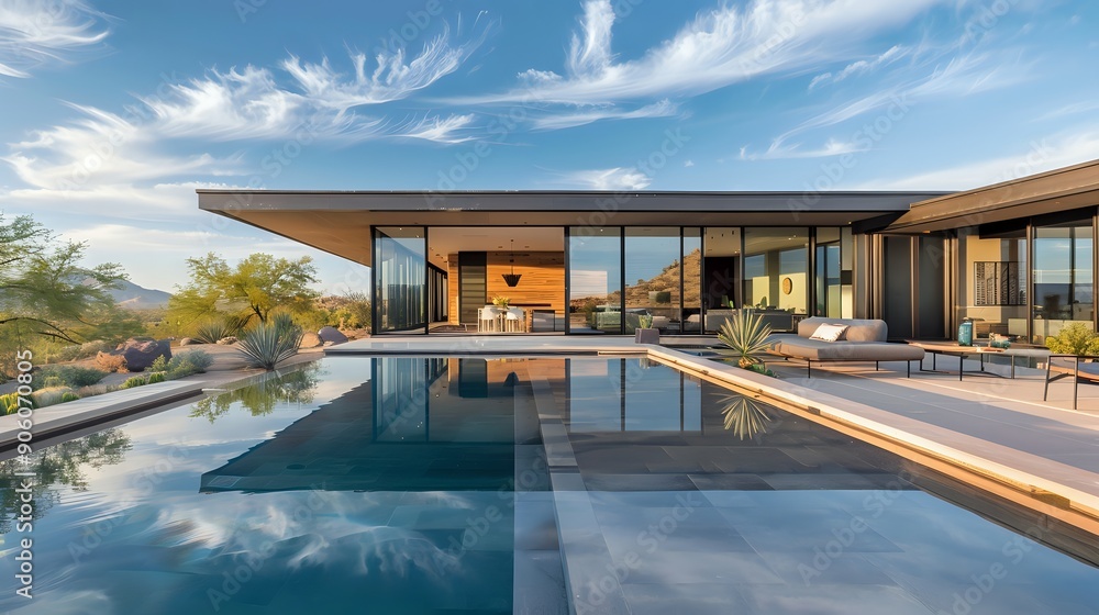 Fototapeta premium Modern Home with Infinity Pool Reflects Stunning Mountain Views