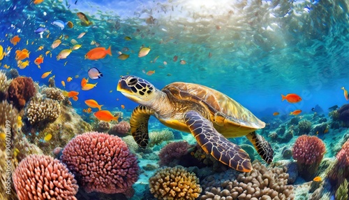 Fototapeta Naklejka Na Ścianę i Meble -  colorful coral reef with many fishes and sea turtle