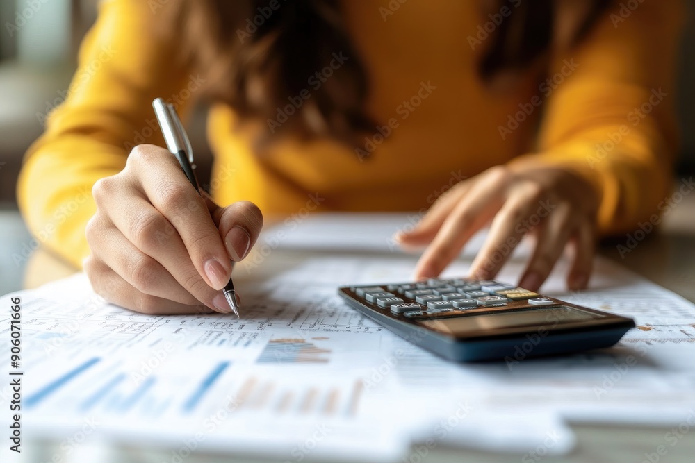 Person calculating finances with pen and calculator Person calculating finances with pen and calculator