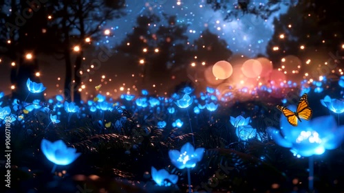 A glowing blue flower field with a single orange butterfly flying above.