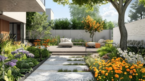 Modern Garden: A Contemporary Architectural Oasis with Scandinavian Style, Flowering Plants, and Stylish Water Feature photo