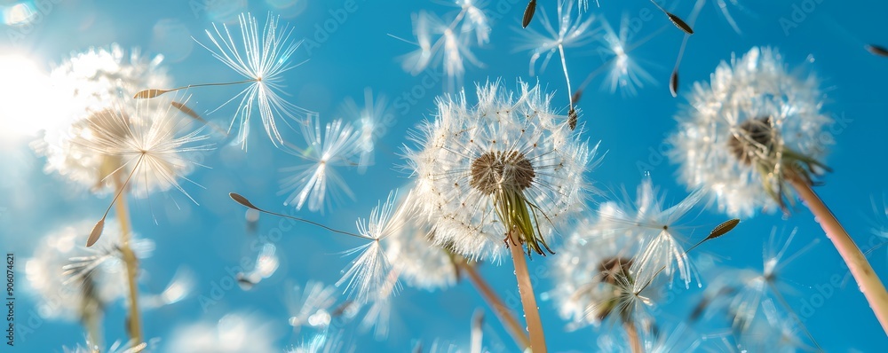 dandelion, flower, sky, nature, plant, blue, summer, seed, wind, spring, white, fluffy, stem, flora, green, blowing, seeds, flowers, macro, weed, blow, beauty, blowball, flying, season