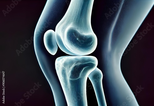 A colored X-ray image of a knee showing detailed bones and joints in realistic colors on a dark background.