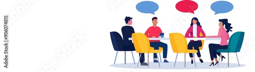 Illustration of a group of people having a discussion at a table with speech bubbles, representing teamwork and communication.