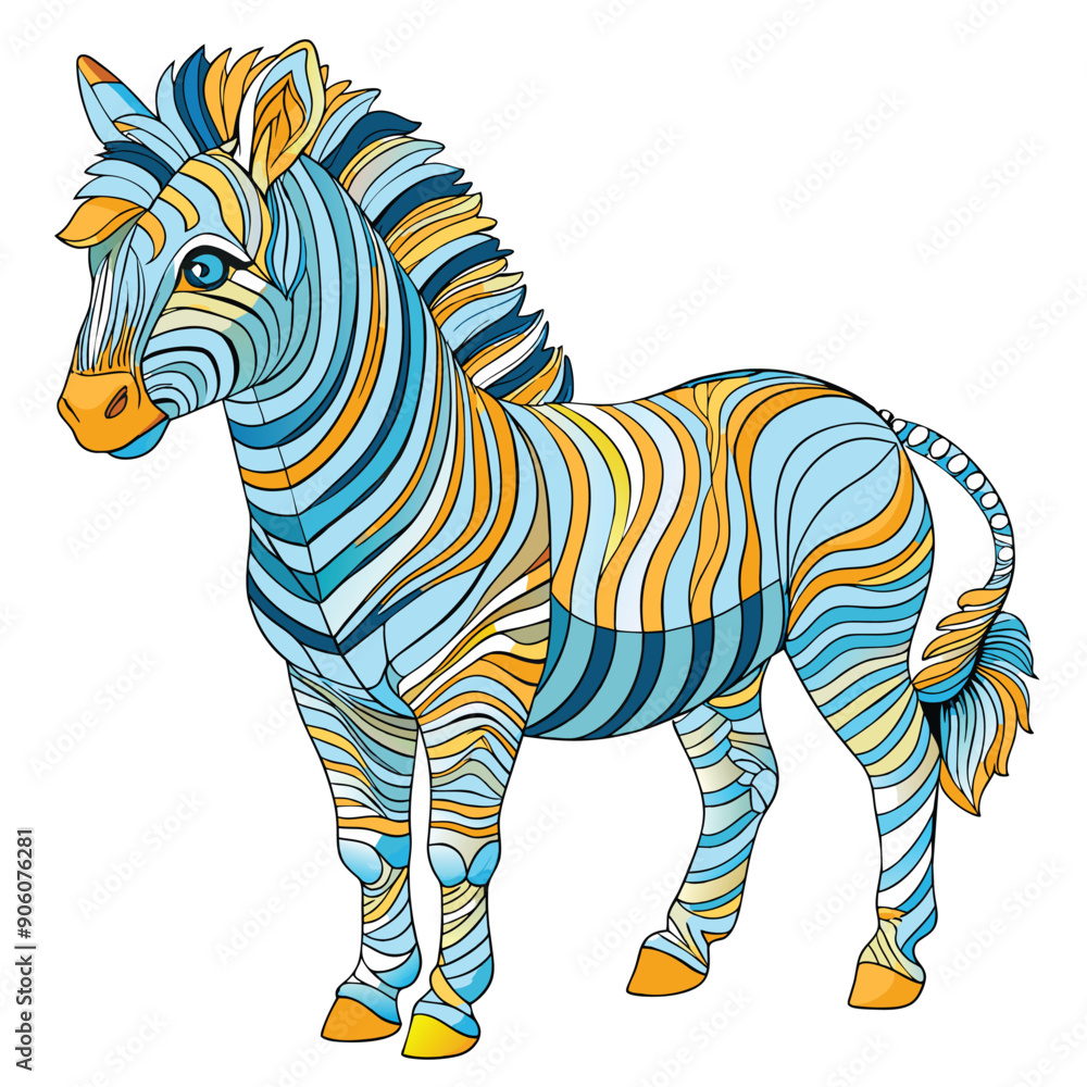 Naklejka premium Intricate Patterned Zebra with Blue and Yellow Stripes