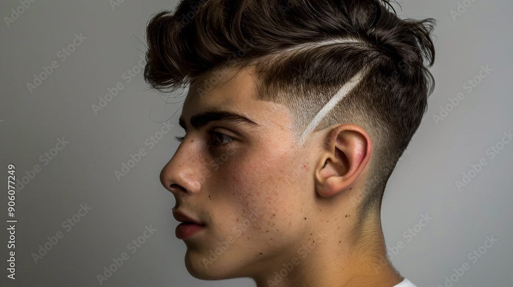 A side view of an American man with dark hair, featuring the fade haircut style. A side view of an American man with dark hair, featuring the fade haircut style.