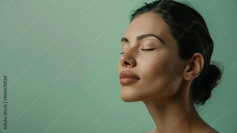 Serene Woman Practicing Mindfulness Meditation in Green Isolated Background with Copyspace for Message on Tranquility and Peaceful Mindset Serene Woman Practicing Mindfulness Meditation in Green Isolated Background with Copyspace for Message on Tranquility and Peaceful Mindset