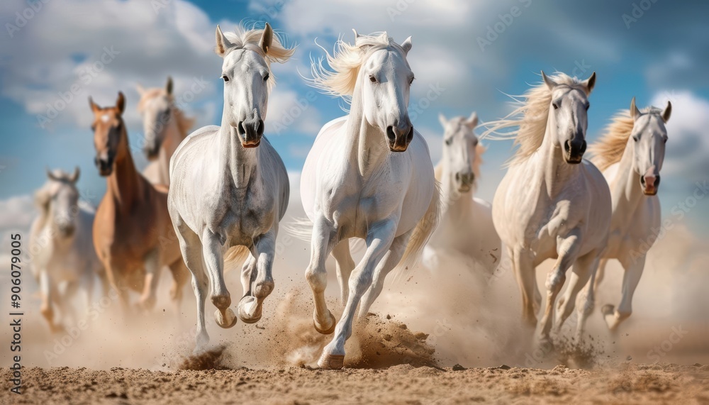 Obraz premium A herd of white horses running through a field, kicking up dust.
