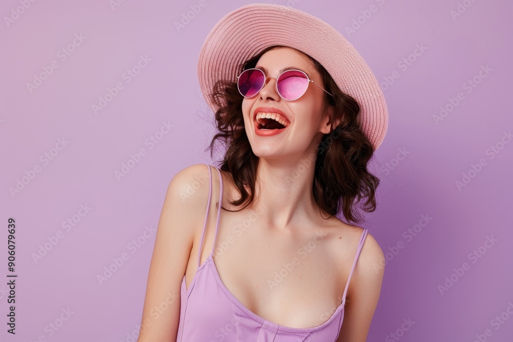 Radiant Confidence in Lavender: Joyful Woman in Fashionable Outfit on Isolated Background with Copyspace for Style Message Radiant Confidence in Lavender: Joyful Woman in Fashionable Outfit on Isolated Background with Copyspace for Style Message
