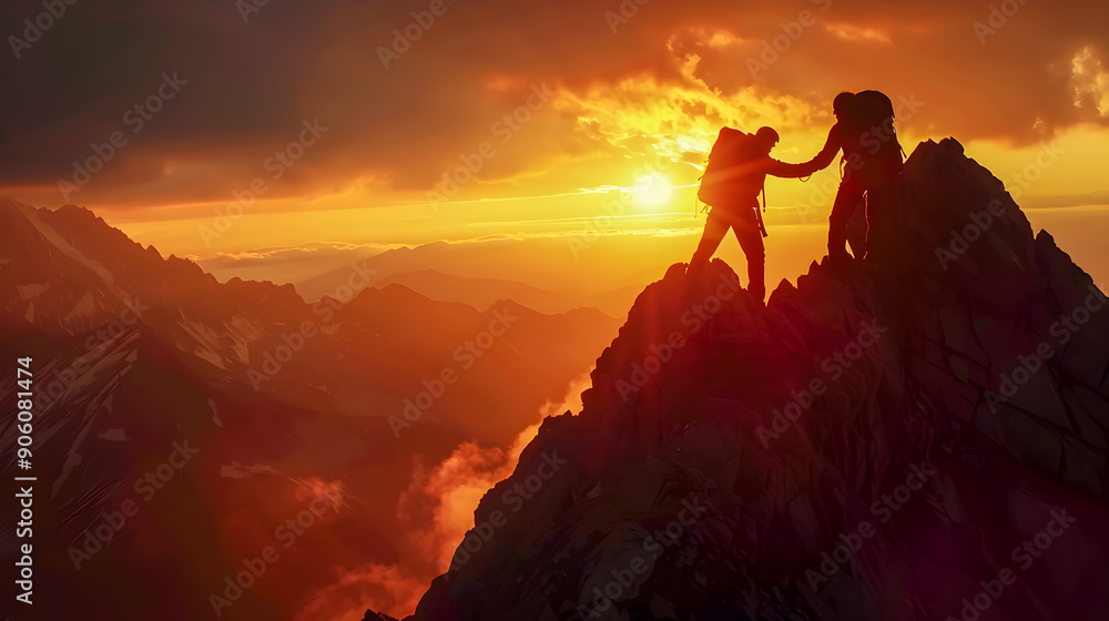 Fototapeta premium Two adventurers on a mountain peak one extending a hand to help the other silhouetted against the backdrop of an intense glowing sunset sky with distant mountains and a detailed foreground