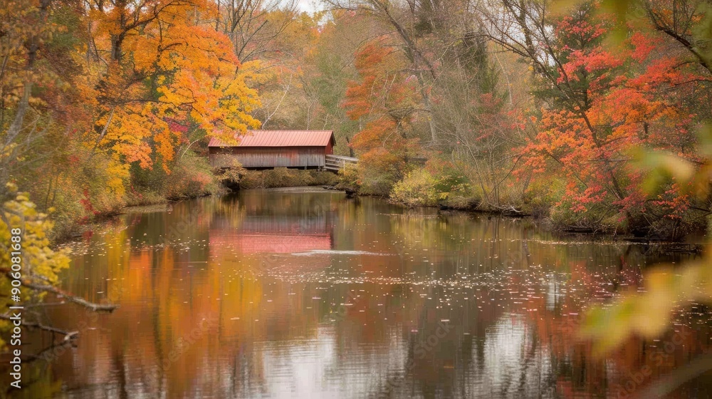 A beautiful autumn scene in New England with colorful fall foliage, a historic covered bridge, and a serene river A beautiful autumn scene in New England with colorful fall foliage, a historic covered bridge, and a serene river
