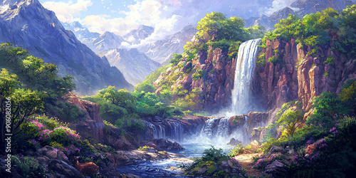 A majestic waterfall cascades down the rugged mountains, generative AI