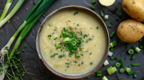 A bowl of soup with chopped green onions and parsley on top. The bowl is brown and has a wooden spoon in it