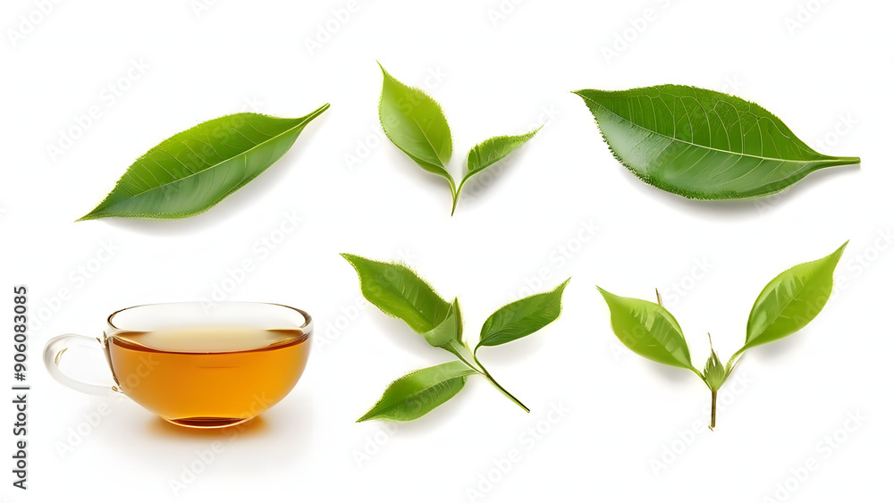 green leaves and cup of tea isolated on white green leaves and cup of tea isolated on white