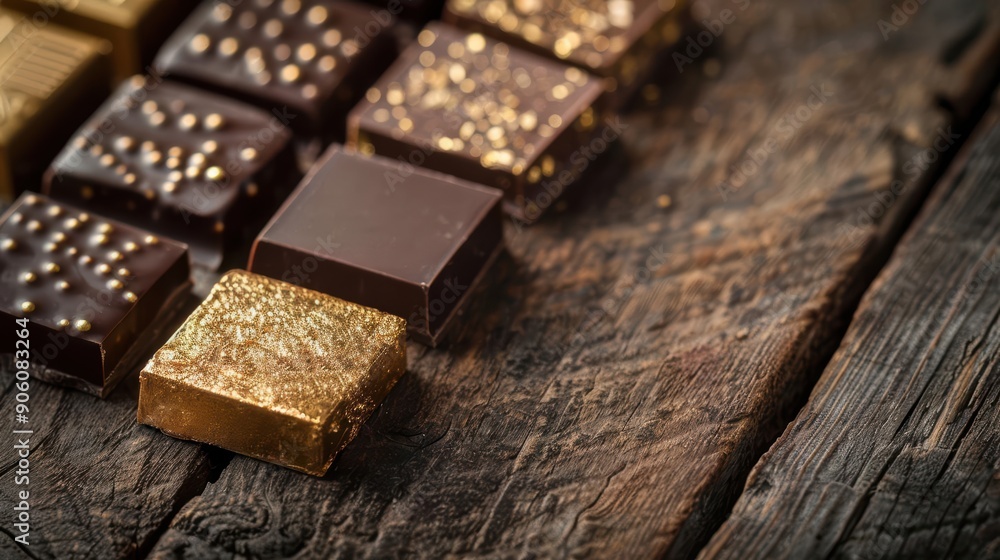 Gourmet dark chocolate squares with gold leaf on rustic wooden background. Gourmet dark chocolate squares with gold leaf on rustic wooden background.