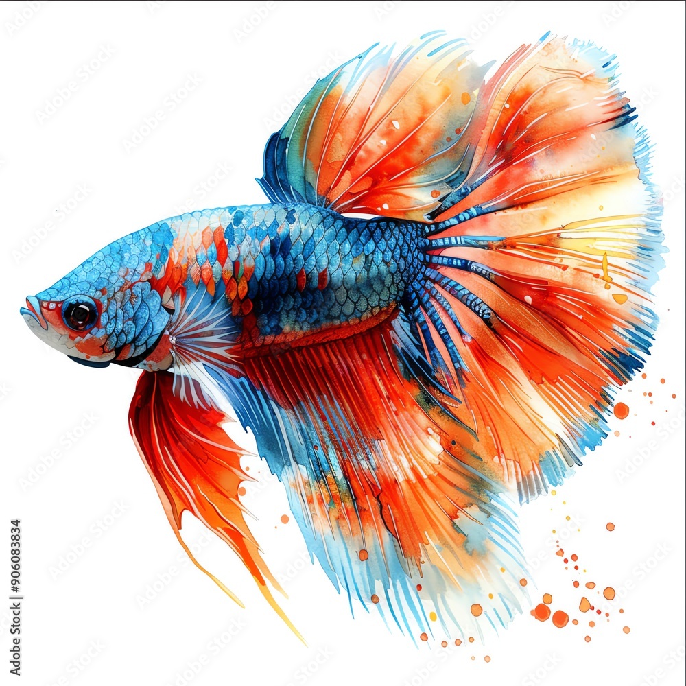 Fototapeta premium A watercolor image of a vibrant betta fish with flowing fins on a white background