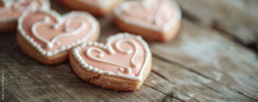 Heart shaped cookies with white icing on rustic wooden background.