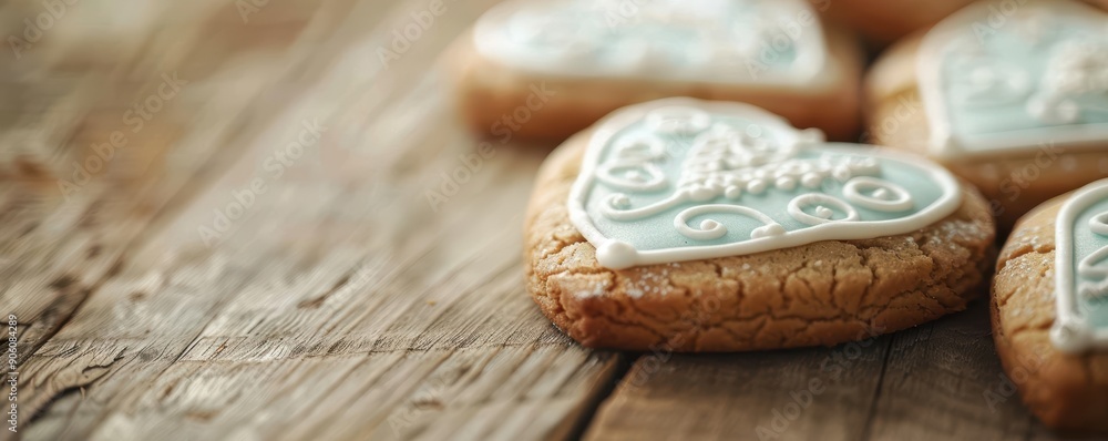 Closeup of heart-shaped gingerbread cookies decorated with icing on rustic wooden background. Closeup of heart-shaped gingerbread cookies decorated with icing on rustic wooden background.