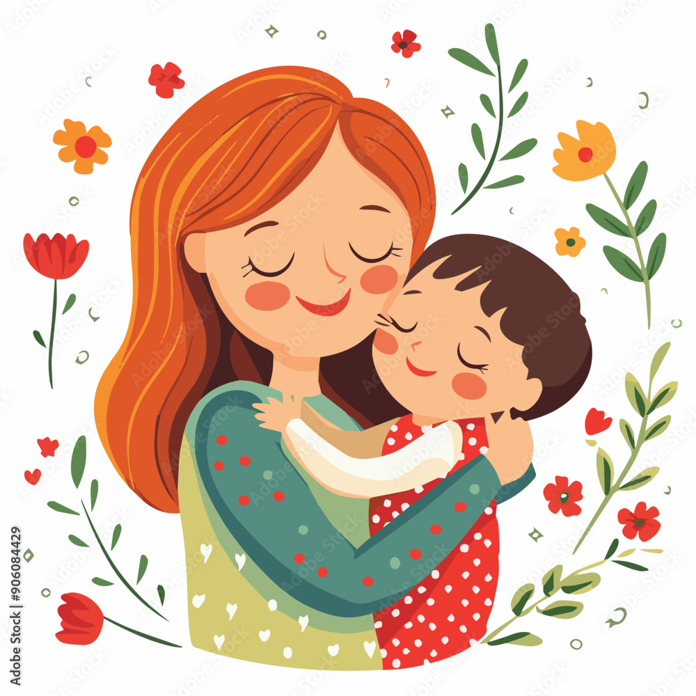 Vector illustration of Cute mother hugging their child. Happy mothers day Vector illustration of Cute mother hugging their child. Happy mothers day