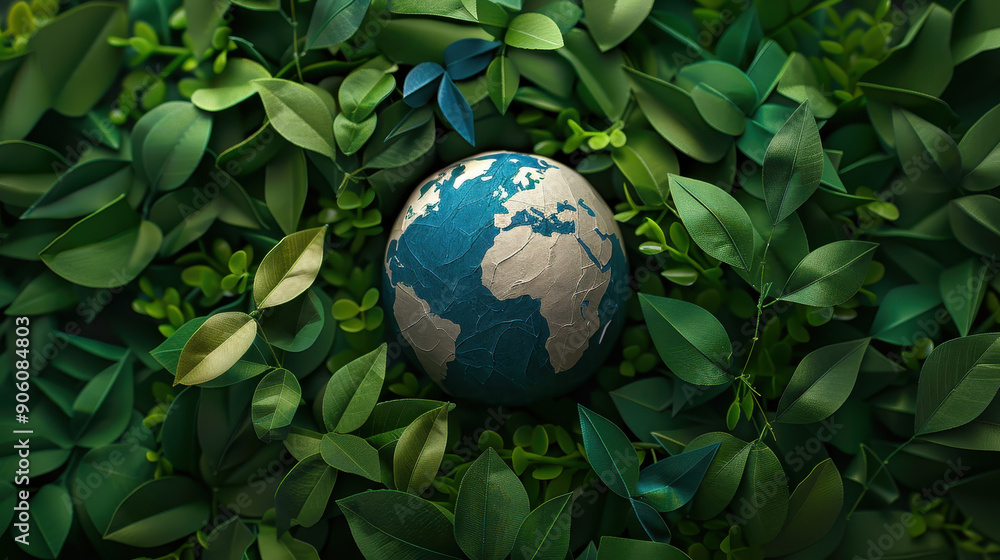 A green leafy forest with a globe on top of it. The globe is made of paper and has a gold color. Concept of environmental awareness and the importance of preserving our planet A green leafy forest with a globe on top of it. The globe is made of paper and has a gold color. Concept of environmental awareness and the importance of preserving our planet