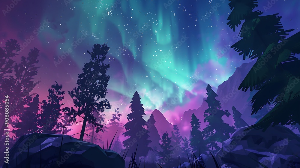 Northern Lights illuminating a forest at night. Northern Lights illuminating a forest at night.