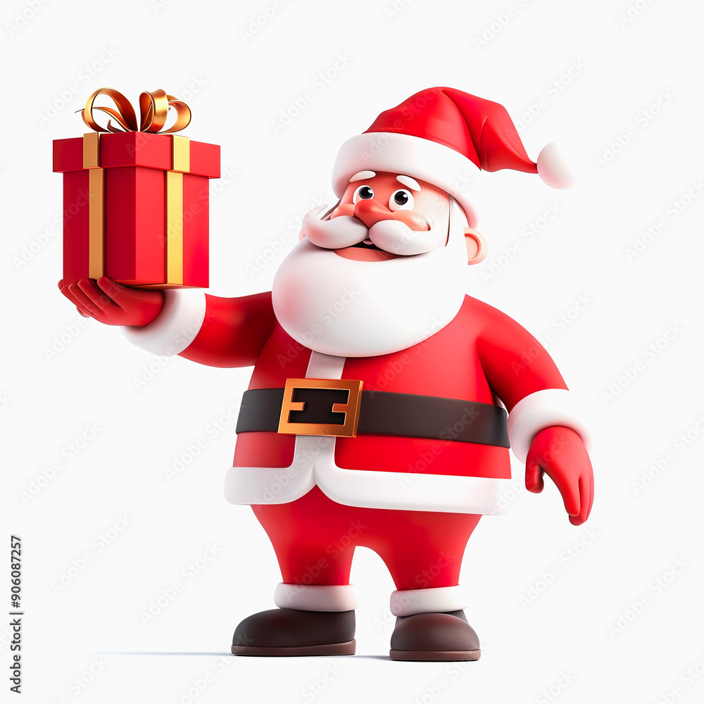 Cheerful Santa Claus Holding a Red Gift Box with a Gold Bow Cheerful Santa Claus Holding a Red Gift Box with a Gold Bow
