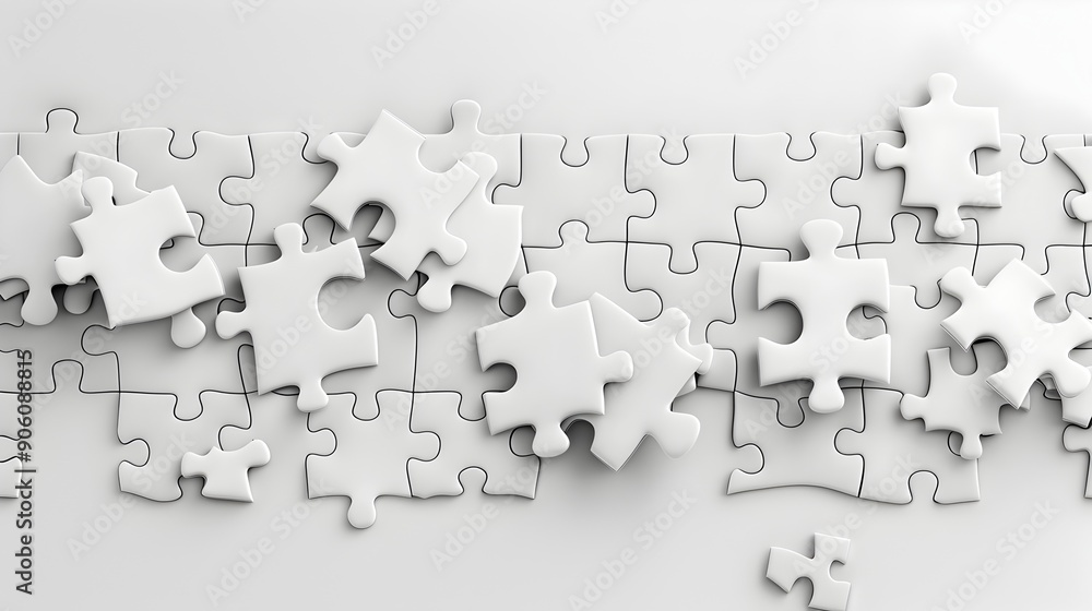 A jigsaw puzzle with many pieces is shown in a white background A jigsaw puzzle with many pieces is shown in a white background