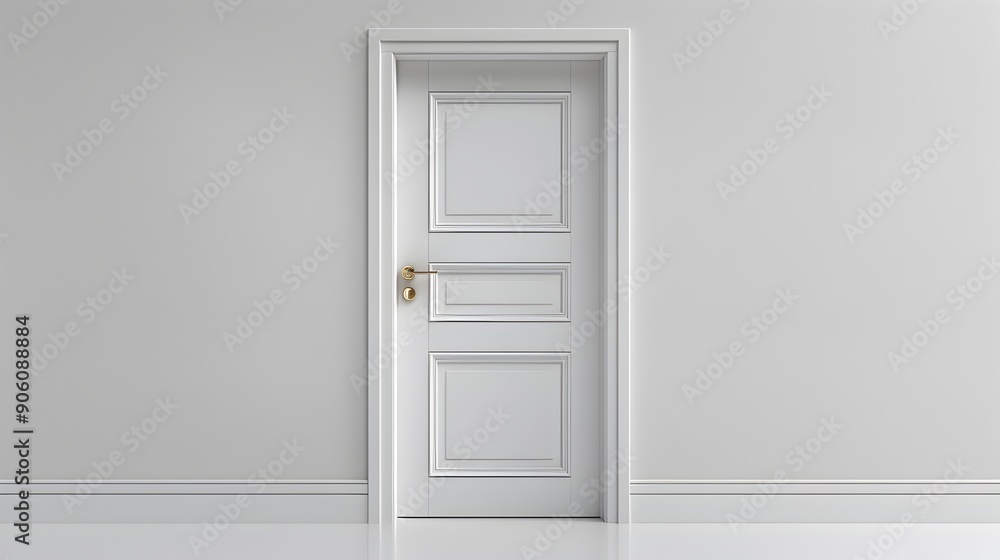 A white door with a gold handle sits in front of a white wall A white door with a gold handle sits in front of a white wall