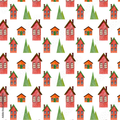 Hand drawn background with green fir trees and cute houses