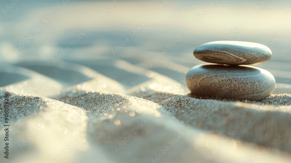 Two smooth stones stacked on a sandy beach at sunset. Two smooth stones stacked on a sandy beach at sunset.