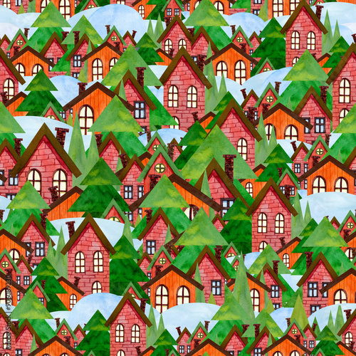 Seamless pattern with little houses, fir trees and snow