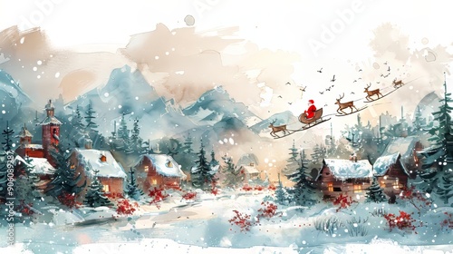 Wallpaper Mural Cartoon watercolor Santa Claus in a sleigh with reindeer flying over a snowy village. Isolate A white background surrounds the main subject. Torontodigital.ca