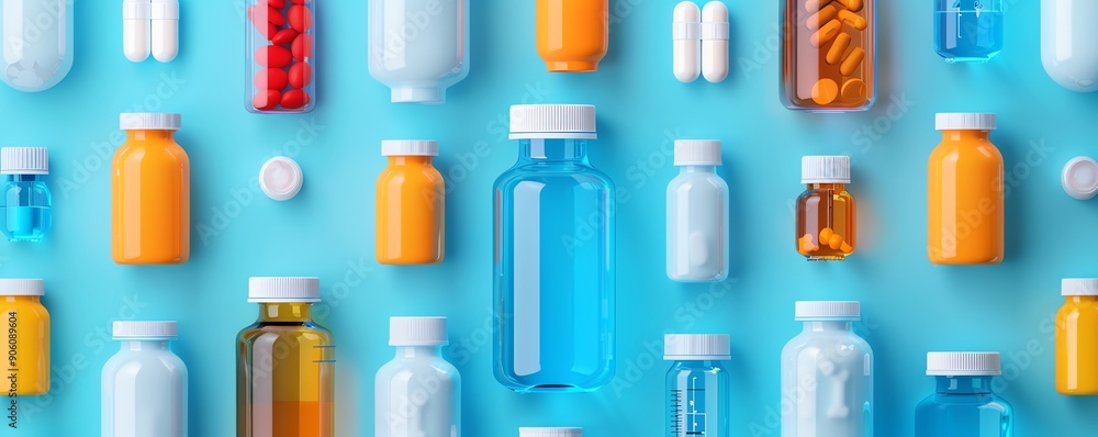 Various medicine bottles and containers on a blue background, showcasing a range of pharmaceutical products for healthcare and wellness.