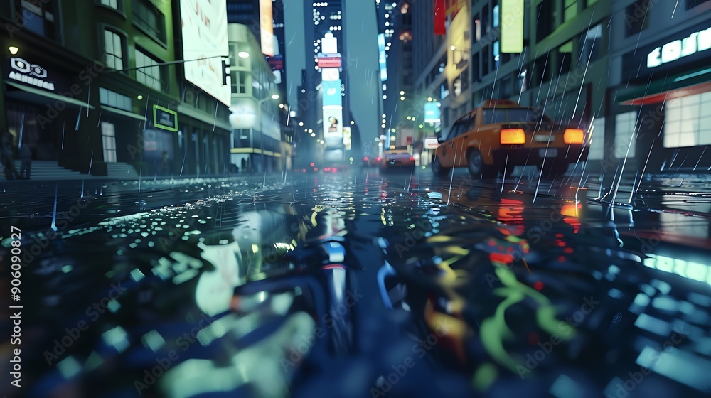 Obraz premium Rain Reflecting on Wet Pavement in the City at Night.