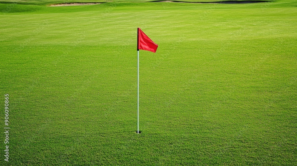 Obraz premium Golf hole with a flag on a pristine green, surrounded by lush grass and space for copy