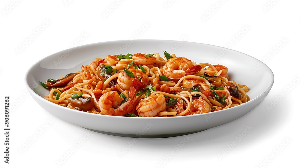 A plate of Chinese noodles with shrimp, squid and mushrooms on a white background. A simple presentation of the dish without any decorations or embellishments. The food is beautifully arranged in an A plate of Chinese noodles with shrimp, squid and mushrooms on a white background. A simple presentation of the dish without any decorations or embellishments. The food is beautifully arranged in an