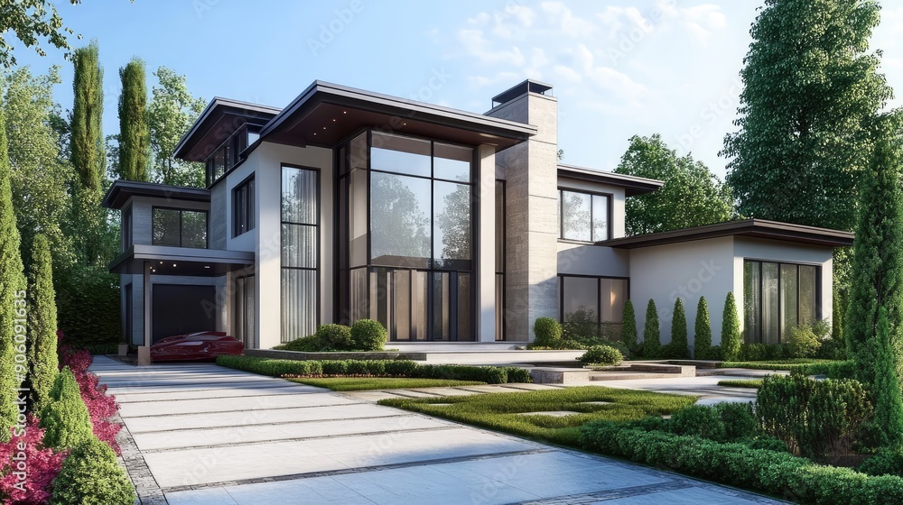 Modern home with elegant front garden and blank space for text or logo. Modern home with elegant front garden and blank space for text or logo.