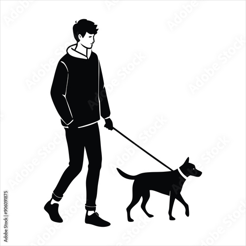 Young man walking with a dog colors black vector